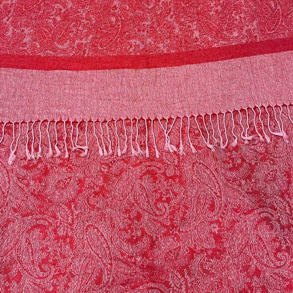 Pashmina Red & Pink Paisley Silk Blend Fringed Shawl, OS - Picture 3 of 5